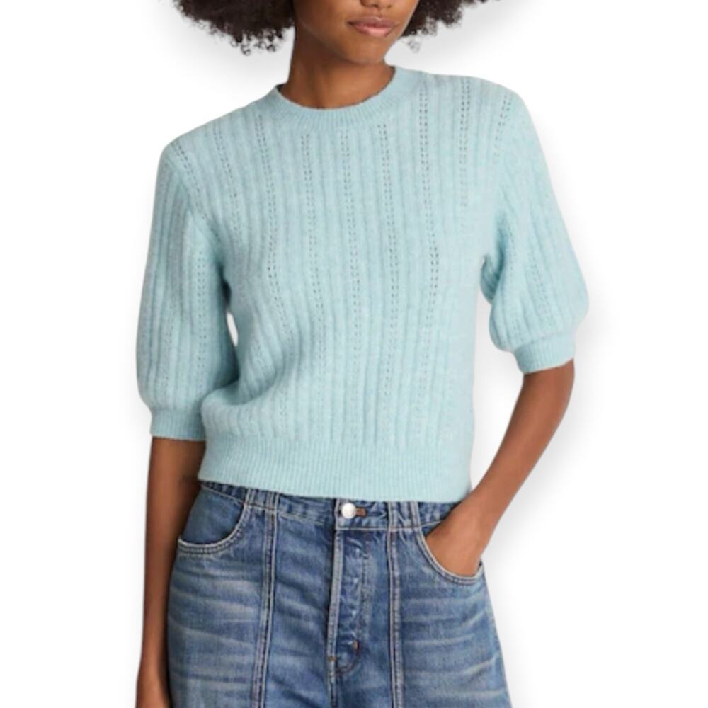 NWT Madewell Cloudsoft Short Sleeve Sweater Tee Mint Blue Small Pointelle Wool